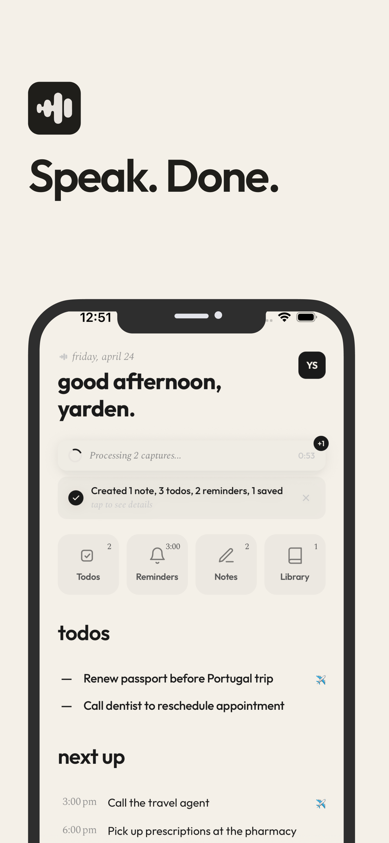 Grain on iPhone showing a sorted todo, reminder, and note generated from one voice memo